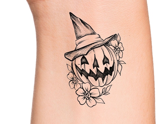 Floral Pumpkin Witch Temporary Tattoo Etsy