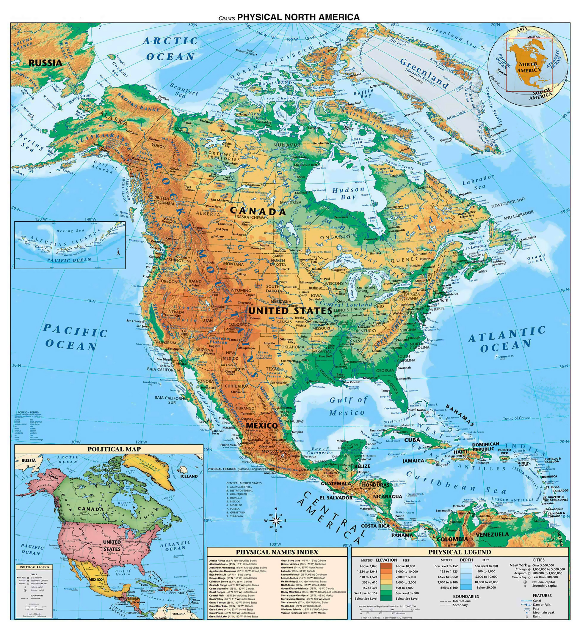 North And Central America Detailed Physical Map Detailed Physical Map Of North And Central