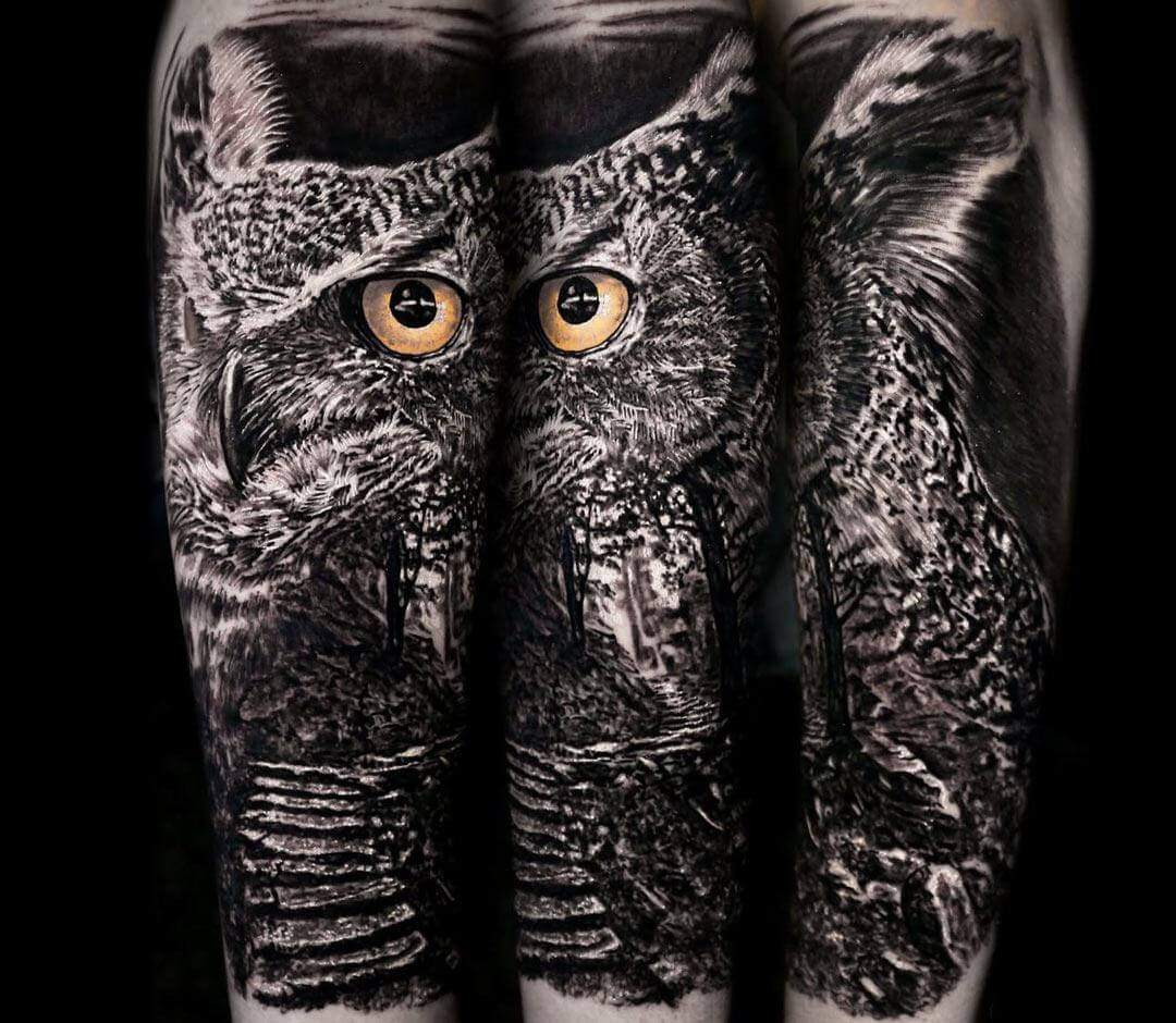 Owl Tattoo With Moon And Forest Owl Tattoo Mens Owl Tattoo Owl