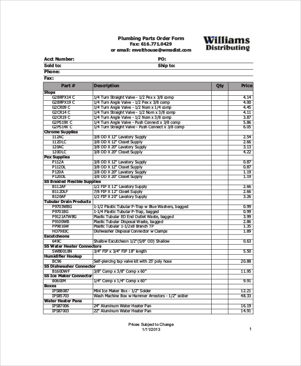 Parts Order Forms